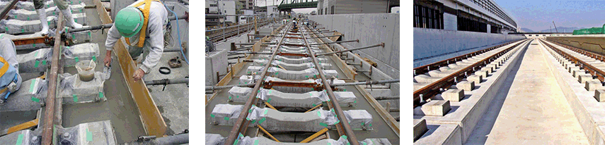 Fiber reinforced concrete track slab on the Oita elevated high speed rail.