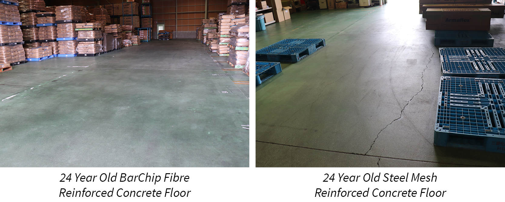 Comparison of BarChip fibre reinforced and steel mesh reinforced concrete floors after 24 years of service.
