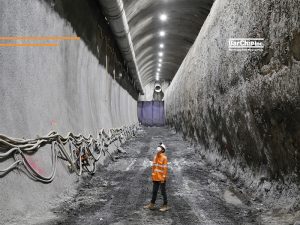 Fibre reinforced shotcrete lining in the Melbourne Metro underground station cavern.