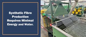 Macro synthetic fibre strands being extruded through a water bath during production, requiring minimal energy and water use.