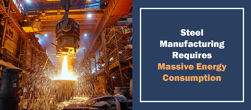 Steel plant showing massive energy consumption required for steel reinforcement manufacturing, highlighting the contrast with BarChip’s sustainable fibre production.