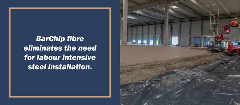 Concrete floor being poured with fibre reinforced concrete, showing BarChip fibre use without labour-intensive steel mesh installation.