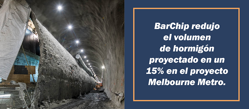 Revestimiento primario de hormigón proyectado en un túnel ferroviario, donde BarChip redujo el volumen de hormigón proyectado en un 15%.