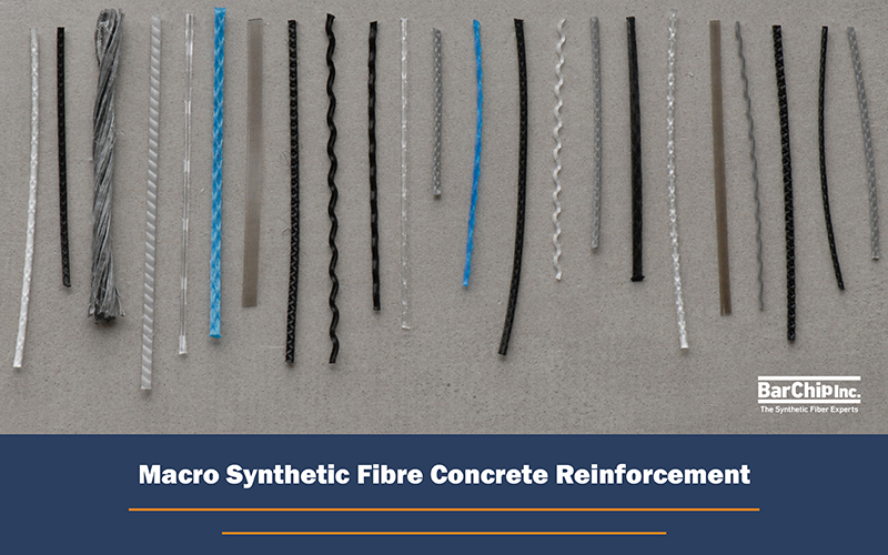 Different types of macro synthetic fibres used in concrete reinforcement including embossed crimped and twisted fibres
