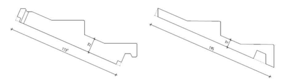 Original and optimised prestressed precast grandstand element cross-sections for Debrecen Stadium showing slab thickness reduced from 220 mm to 120 mm.