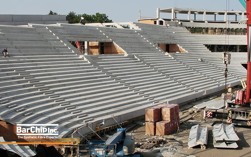 Prestressed precast grandstand elements installed during construction of Debrecen Stadium in Hungary.