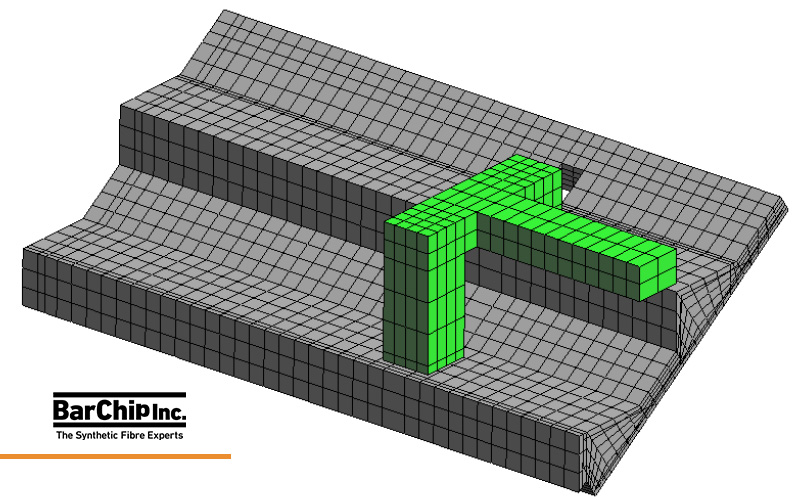 Finite element model used to validate prestressed precast grandstand elements reinforced with BarChip macro synthetic fibres.