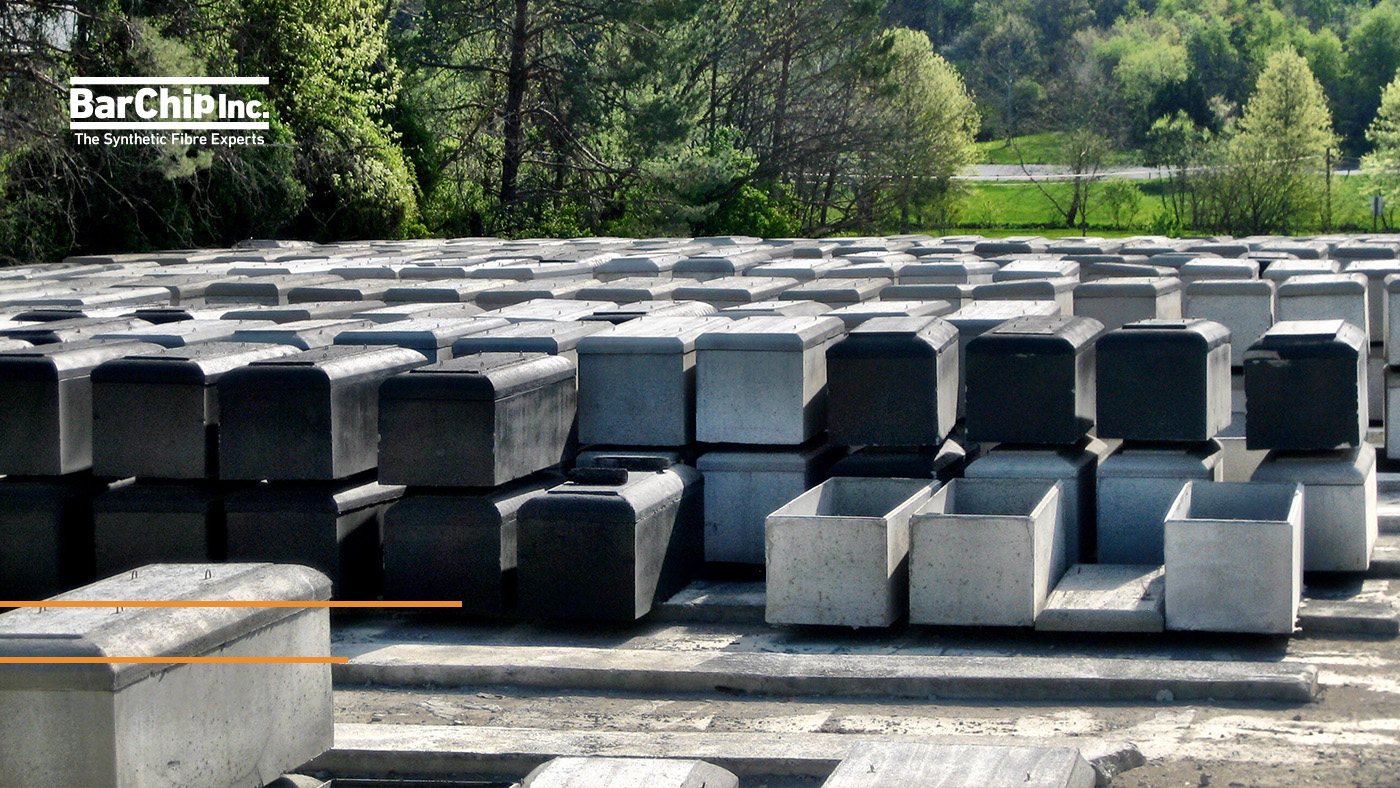 Fibre reinforced precast concrete burial vaults manufactured with BarChip macro synthetic fibres.