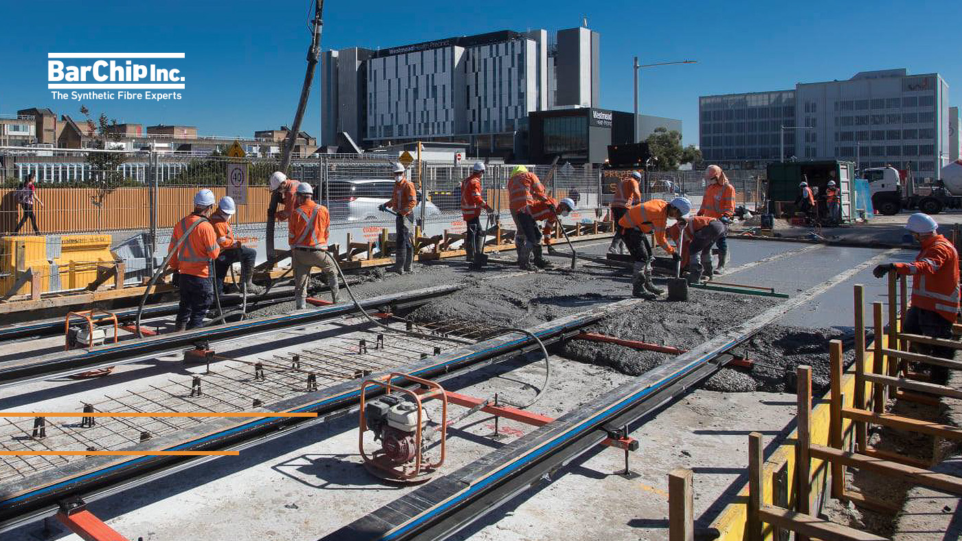 Construction of the Parramatta Light Rail low carbon concrete track slab using BarChip R50 macro synthetic fibre reinforcement.
