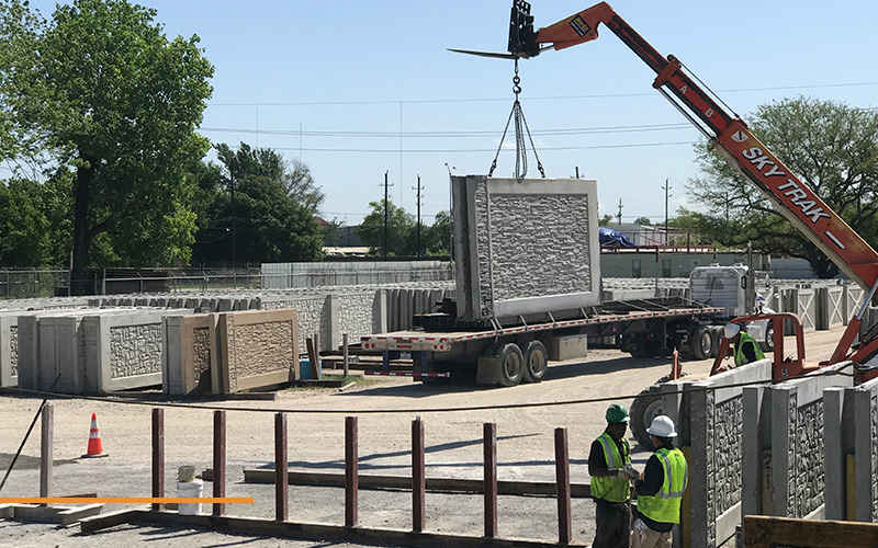Lifting and storage of large precast concrete wall panels.