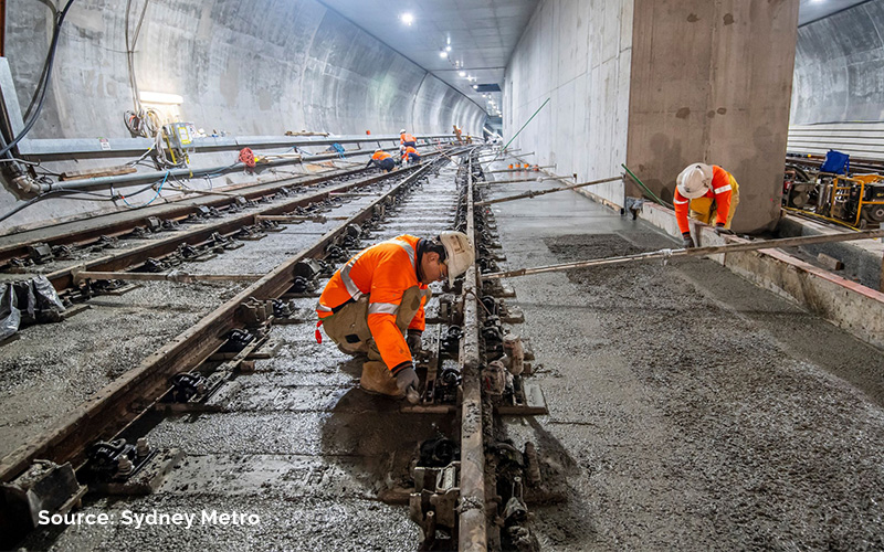 Workers finishing the fibre reinforced concrete tunnel track slab during construction of the Sydney Metro City & Southwest project.