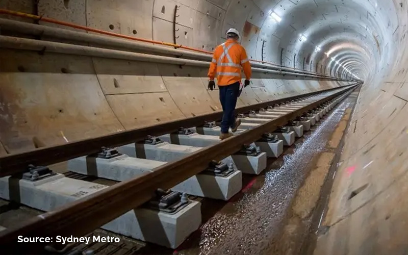 Rail and sleeper installation before concrete placement for the Sydney Metro City & Southwest tunnel track slab.