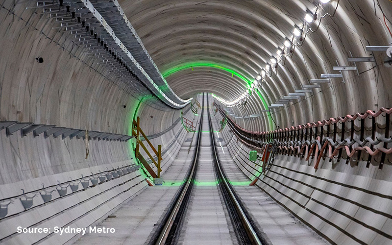 Completed fibre reinforced tunnel track slab in the Sydney Metro City & Southwest underground rail tunnels.