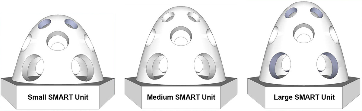 Small, medium and large thin shell precast concrete dome configurations.